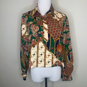 Patchwork Pattern Style Blouse Jewel tones Sz Medium Cropped